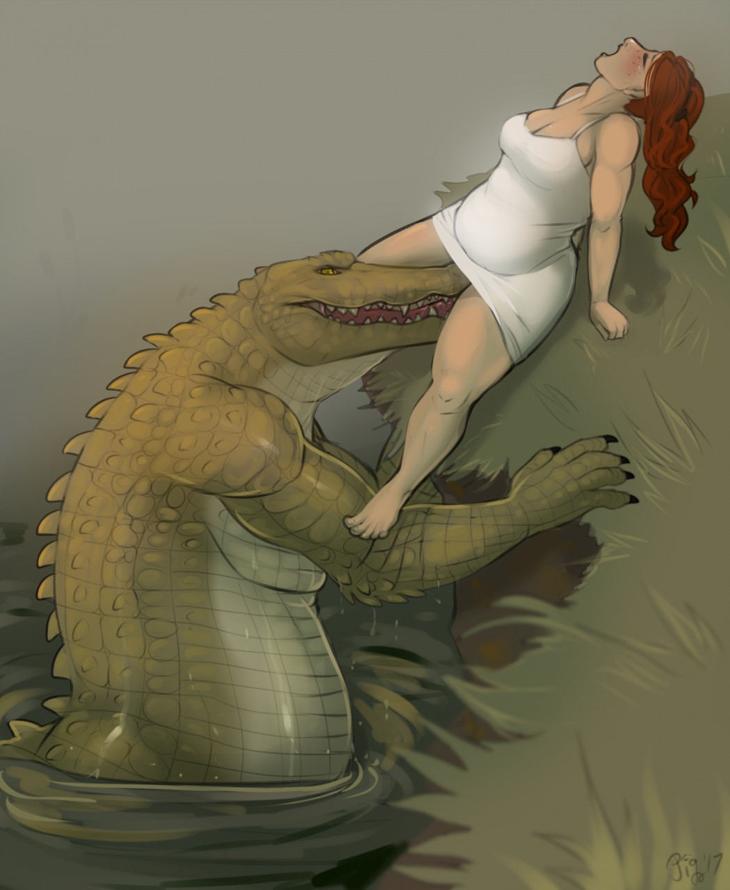 anthro blush clothed clothing crocodile crocodilian cunnilingus duo female human human_on_anthro interspecies male male/female mammal open_mouth oral pig_(artist) reptile scalie sex sitting slightly_chubby vaginal wet