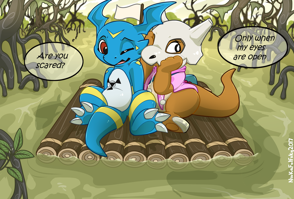 2017 blue_scales claws clothed clothing cubone cute detailed_background dialogue digimon digital_media_(artwork) dragon duo fan_character giramon guilmon hi_res hybrid lizard male markings nintendo niu-ka open_mouth outside pok&eacute;mon raft red_eyes reptile scales scalie sven_(character) sven_the_giramon swamp toe_claws toto_(character) totodice1 vee4eva veemon video_games