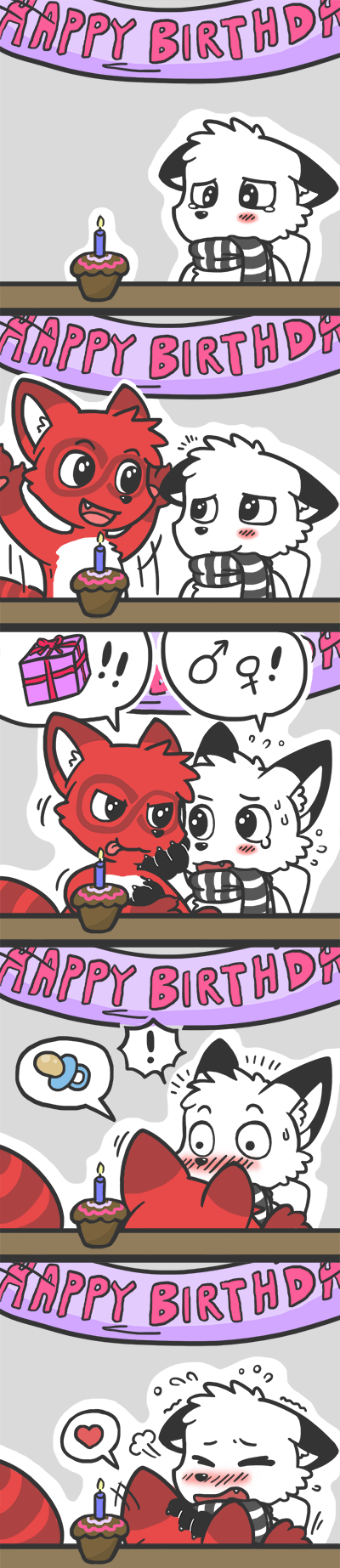 /fur/ 8chan anthro birthday blush bushy_(8chan) candle canine comic countershading cub cupcake cute eye_markings fellatio food fox fur gloves_(marking) male male/male mammal markings nate_(8chan) nude oral raccoon red_fur scarf sex striped_tail stripes white_fur young