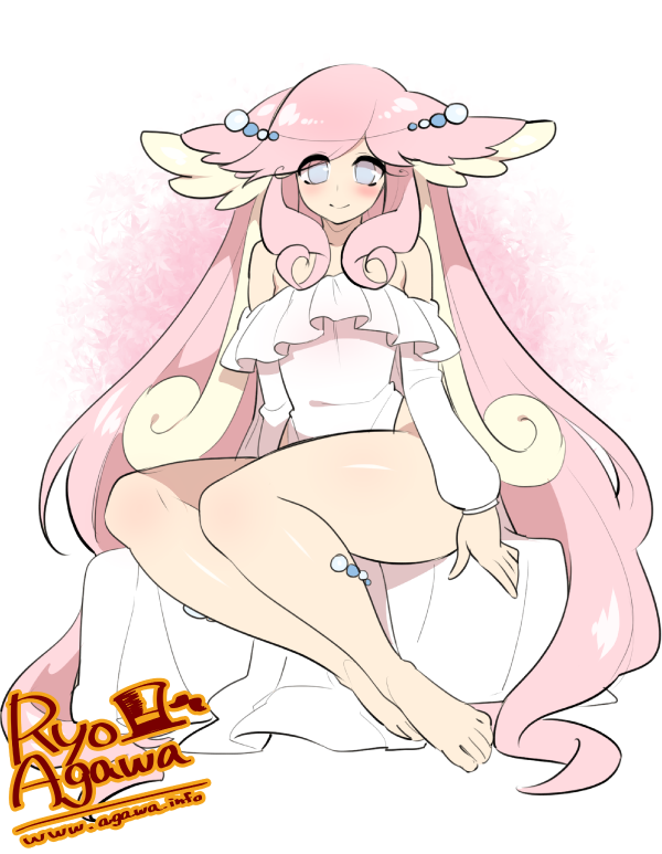 2016 5_fingers 5_toes alternate_species animal_humanoid audino bare_shoulders barefoot bedding big_thighs biped blue_eyes blush circlet clothing digital_drawing_(artwork) digital_media_(artwork) ears_back eyelashes feet flat_chested frilly front_view full-length_portrait gradient_background hair humanoid humanoid_feet humanoid_hands humanoidized inner_ear_fluff japanese lagomorph legs_together leotard light_skin long_hair looking_at_viewer mammal nintendo pale_skin pink_background pink_hair pok&eacute;mon pok&eacute;morph portrait rabbit_humanoid ryo_agawa simple_background sitting small_waist smile solo tendrils textured_background toes url video_games voluptuous watermark white_background white_clothing wide_hips