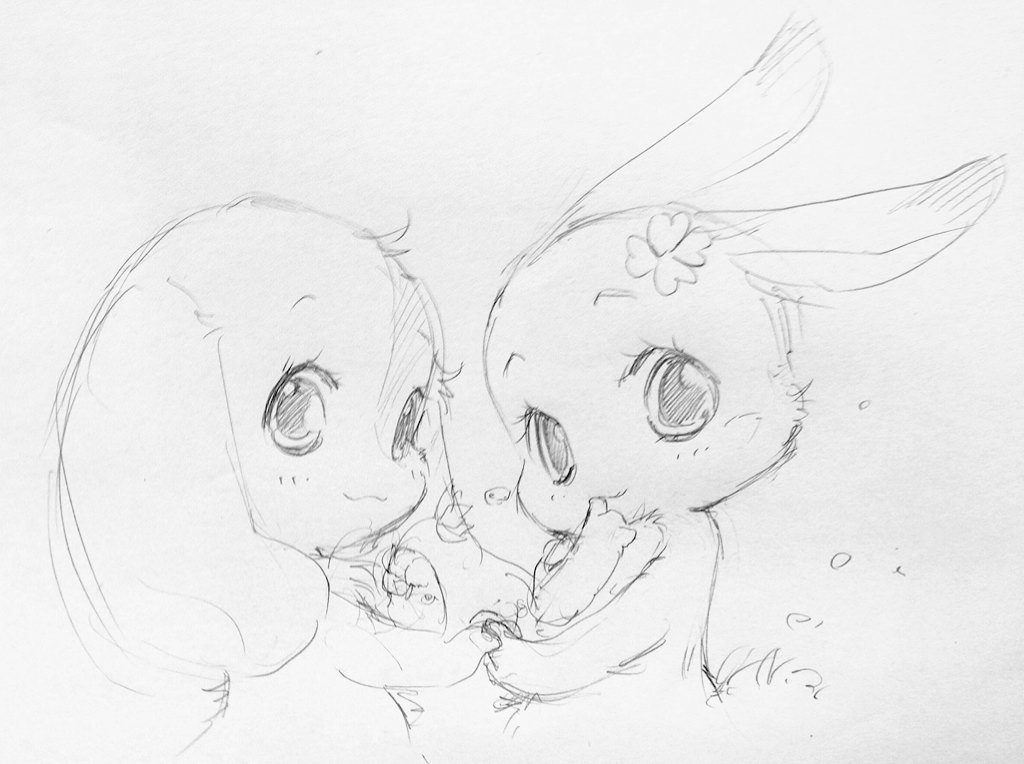 2017 chima cute duo female happy_happy_clover lagomorph long_ears looking_at_viewer lop_eared_bunny mallow_(hhc) mammal meru_(hhc) monochrome official_art pointing pose rabbit sayuri_tatsuyama shamrock sketch smile