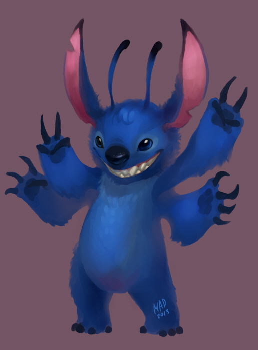 2013 4_arms 4_fingers 4_toes alien antennae blue_claws blue_eyes blue_fur blue_nose claws digital_media_(artwork) digital_painting_(artwork) dipstick_antennae disney experiment_(species) fluffy fur grin head_tuft lilo_and_stitch madness_demon multi_arm multi_limb notched_ear realistic red_background signature simple_background smile solo standing stitch toe_claws toes tuft v_sign