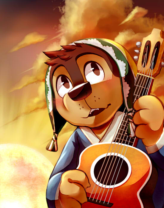 2016 3_fingers acoustic_guitar anthro biped blue_clothing blue_topwear blush bodi brown_eyes brown_fur brown_nose brown_theme canine chinese clothing cloud digital_drawing_(artwork) digital_media_(artwork) dog front_view fur guitar half-length_portrait hat head_tilt head_tuft holding_musical_instrument holding_object kemono lighting looking_up low-angle_view male mammal mastiff multicolored_fur musical_instrument open_mouth open_smile portrait rock_dog shadow sharp_teeth sherpa_hat shirt sky smile solo sunset tan_fur teeth tibetan_mastiff two_tone_fur 迷途貓