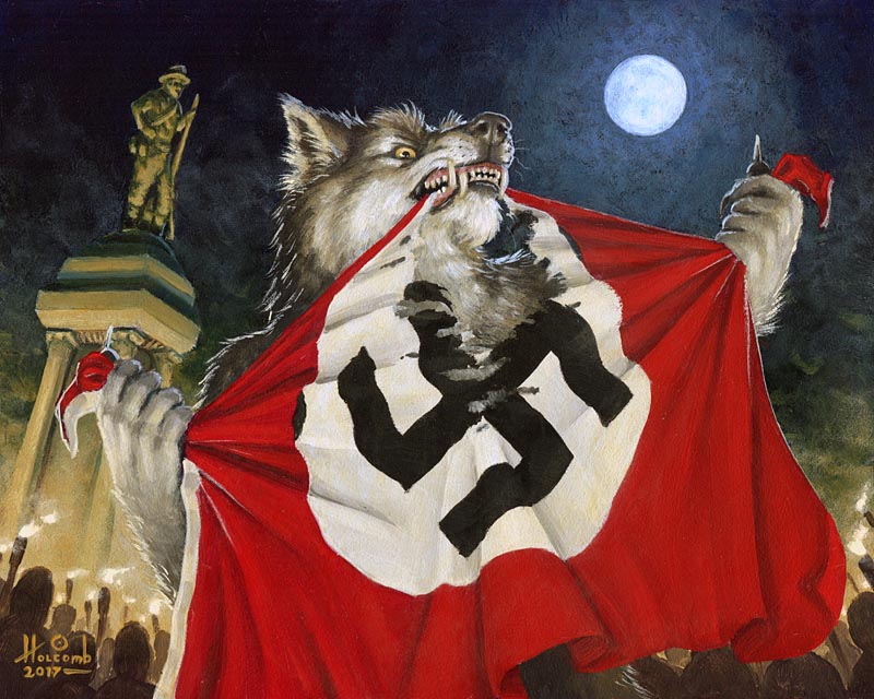 2017 5_fingers angry anthro biped bite black_nose canine claws clenched_teeth crowd dark_theme flag front_view full_moon fur grey_fur group half-length_portrait holding_object human humanoid_hands inner_ear_fluff lighting looking_down low-angle_view male mammal moon moonlight nazi_flag night nude outside painting_(artwork) politics portrait protest protesters ryngsraccoon scowling sculpture sharp_teeth sky standing statue tearing teeth torch traditional_media_(artwork) watermark were werewolf white_fur yellow_eyes