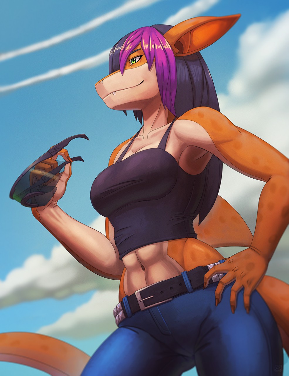5_fingers abs anthro belt clothing cloud detailed_background eyewear female fin fish green_eyes hair hand_on_hip jeans keilink marine midriff multicolored_hair muscular muscular_female navel pants shark sky smile solo sunglasses vivian