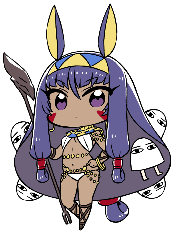 &lt;o&gt;_&lt;o&gt; animal_ears bangs bra chan_co chibi detached_collar earrings egyptian eyebrows_visible_through_hair facial_mark fate/grand_order fate_(series) hair_between_eyes hairband hand_on_hip holding holding_staff hoop_earrings jackal_ears jewelry long_hair looking_at_viewer low-tied_long_hair medjed nitocris_(fate/grand_order) panties purple_eyes purple_hair sandals staff standing standing_on_one_leg underwear very_long_hair white_bra white_panties