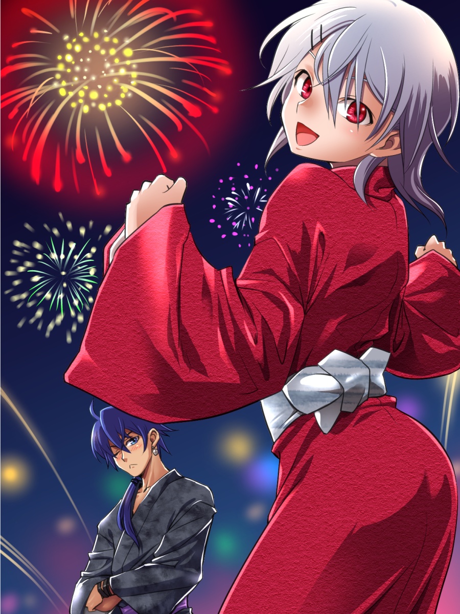 androgynous bad_id bad_nijie_id blue_eyes blue_hair contrapposto crossed_arms earrings fireworks funnyari hair_ornament hairclip highres horinochi_yogaru horita_horne horne_(website) japanese_clothes jewelry kimono long_hair looking_at_viewer looking_back male_focus mascot multiple_boys night obi one_eye_closed ponytail red_eyes sash silver_hair smile standing yukata
