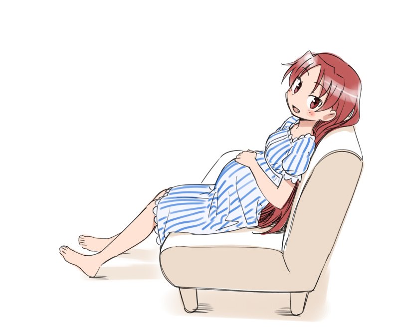 :d bangs barefoot blush commentary_request couch dress eyebrows_visible_through_hair fang from_side full_body hand_on_own_stomach ikezawa_shin leaning_back long_hair looking_at_viewer looking_to_the_side mahou_shoujo_madoka_magica older open_mouth pregnant red_eyes red_hair sakura_kyouko short_sleeves simple_background sitting smile solo striped striped_dress very_long_hair white_background