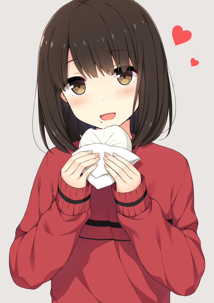 :d bangs baozi blush brown_eyes brown_hair commentary_request eyebrows_visible_through_hair fingernails food food_on_face grey_background head_tilt heart holding holding_food long_sleeves looking_at_viewer nakamura_sumikage open_mouth original red_sweater short_hair simple_background sleeves_past_wrists smile solo sweater tareme upper_body wrapper