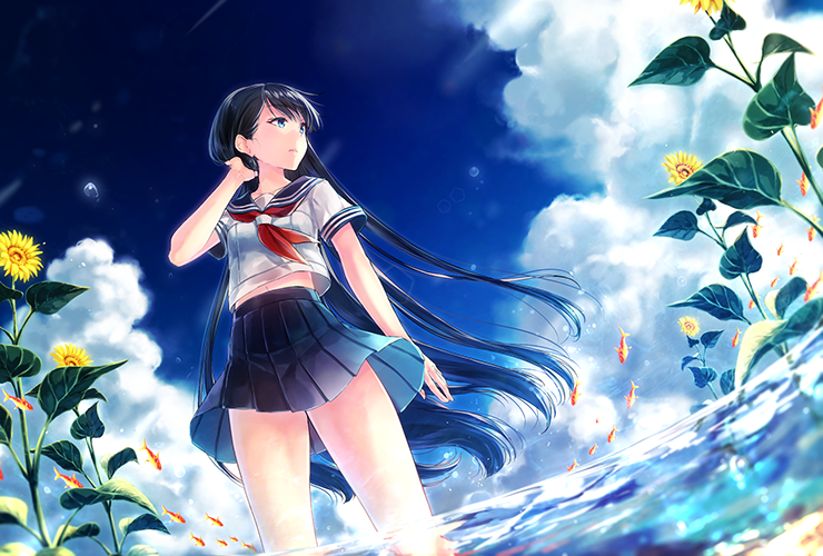 bangs banned_artist black_hair blue_skirt commentary_request day dutch_angle eyebrows_visible_through_hair fish floating_hair flower goldfish hand_up kyara36 long_hair looking_to_the_side neckerchief ocean original outdoors parted_lips pleated_skirt red_neckwear school_uniform serafuku shochuumimai short_sleeves skirt solo standing summer sunflower thighs very_long_hair wading wind