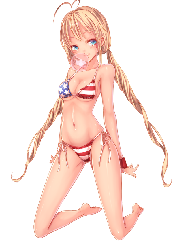 american_flag_bikini antenna_hair bad_id bad_pixiv_id bangs banned_artist bare_legs barefoot bikini blonde_hair blush breasts bubble_blowing chewing_gum cleavage closed_mouth collarbone flag_print full_body half-closed_eyes kneeling kyara36 long_hair looking_at_viewer low_twintails medium_breasts navel original side-tie_bikini sidelocks simple_background smile solo swimsuit twintails white_background