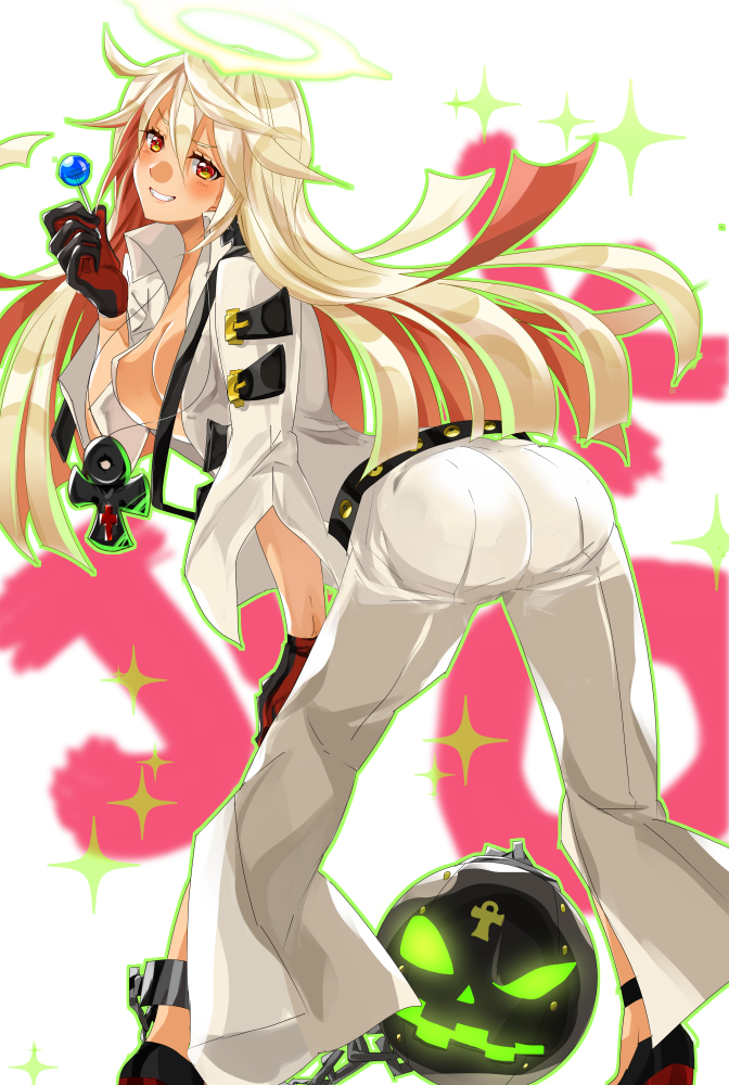 1girl ahoge ankh arc_system_works artist_request ass ball_and_chain ball_and_chain_restraint belt blonde_hair blush bodysuit breasts candy cross_necklace gloves grin guilty_gear guilty_gear_xrd guilty_gear_xrd:_revelator halo jack-o_(guilty_gear) jack-o_valentine jewelry leaning leaning_forward lollipop long_hair looking_at_viewer multicolored_hair orange_eyes orange_hair shiny shiny_clothes shiny_hair shiny_skin smile solo very_long_hair