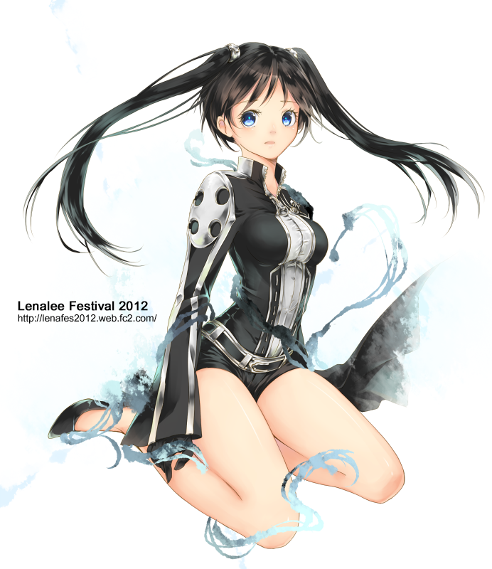 bad_id bad_pixiv_id bangs banned_artist black_gloves black_hair blue_eyes blush breasts d.gray-man eyebrows_visible_through_hair full_body gloves kneeling kyara36 lenalee_lee long_hair long_sleeves looking_at_viewer medium_breasts parted_lips simple_background solo thighs twintails watermark web_address white_background