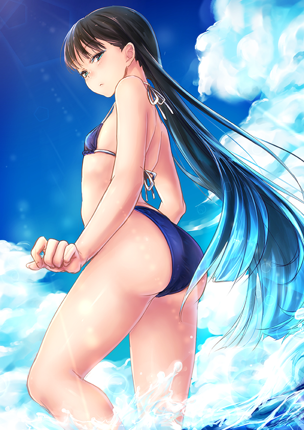 ass bad_id bad_pixiv_id bangs banned_artist bikini blue_bikini blue_sky blush closed_mouth cloud cloudy_sky day eyebrows_visible_through_hair flat_chest halter_top halterneck hexagon kyara36 lens_flare long_hair looking_at_viewer looking_back ocean original outdoors sky solo standing swimsuit thighs very_long_hair wading