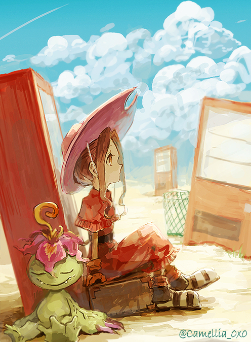 akagi_shun blue_sky boots brown_footwear brown_gloves brown_hair closed_eyes closed_mouth cloud cloudy_sky condensation_trail cowboy_hat day desert digimon digimon_adventure dress from_side gloves hat long_hair palmon pink_hat profile red_dress sand sash shoes sitting sky sleeping tachikawa_mimi trash_can twitter_username vending_machine