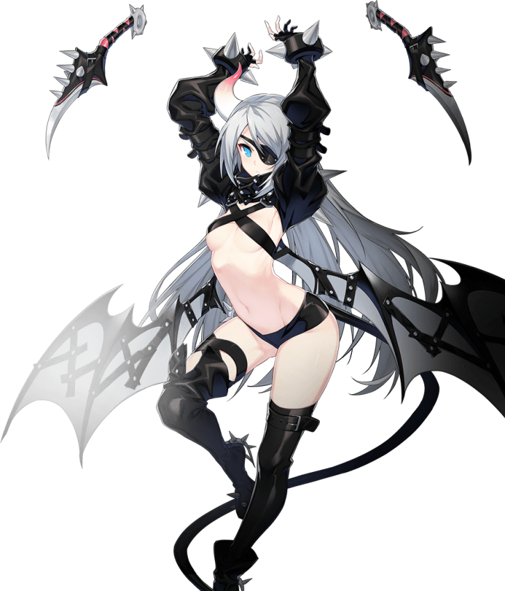arched_back arms_up blue_eyes boots bracelet breasts closers demon_girl demon_tail eyepatch game_cg horn jewelry knife long_hair looking_at_viewer midriff navel official_art seulbi_lee short_shorts shorts silver_hair single_boot single_thigh_boot single_thighhigh small_breasts solo tail tekaru thigh_boots thighhighs transparent_background underboob very_long_hair wings