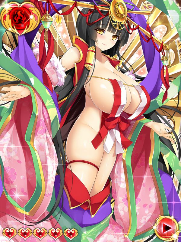 amaterasu amaterasu_(devil_carnival) areola_slip black_hair breasts hair_ornament hips huge_breasts inma_kourin_devil_carnival looking_at_viewer ribbons sideboob thighs very_long_hair yellow_eyes