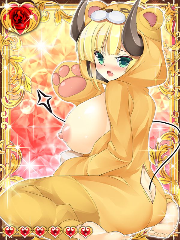 animal_costume ass back_opening blonde_hair blush breasts erect_nipples green_eyes horns huge_breasts inma_kourin_devil_carnival looking_at_viewer sitting tail