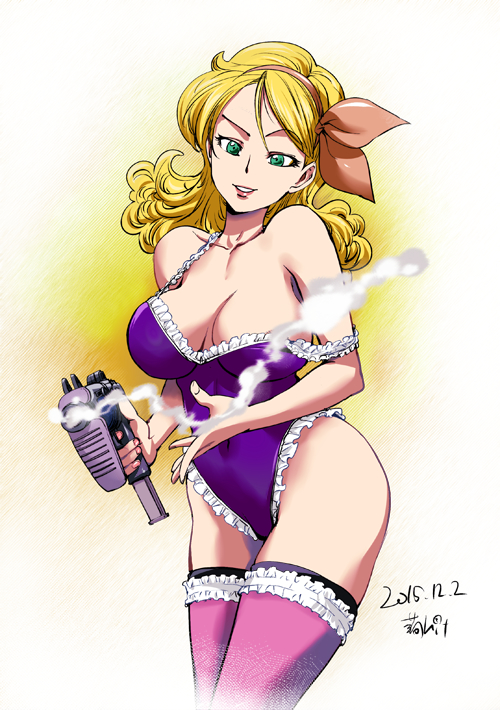 2015 bad_id bad_pixiv_id bare_shoulders blonde_hair breasts cleavage covered_navel curly_hair dated dragon_ball dragon_ball_(classic) finger_on_trigger green_eyes gun hair_between_eyes hair_ribbon hairband holding holding_gun holding_weapon konkitto large_breasts leotard lips long_hair looking_at_viewer lunch_(dragon_ball) nail_polish off_shoulder pink_legwear pink_nails purple_leotard red_hairband red_ribbon ribbon smile smoke solo standing thighhighs weapon