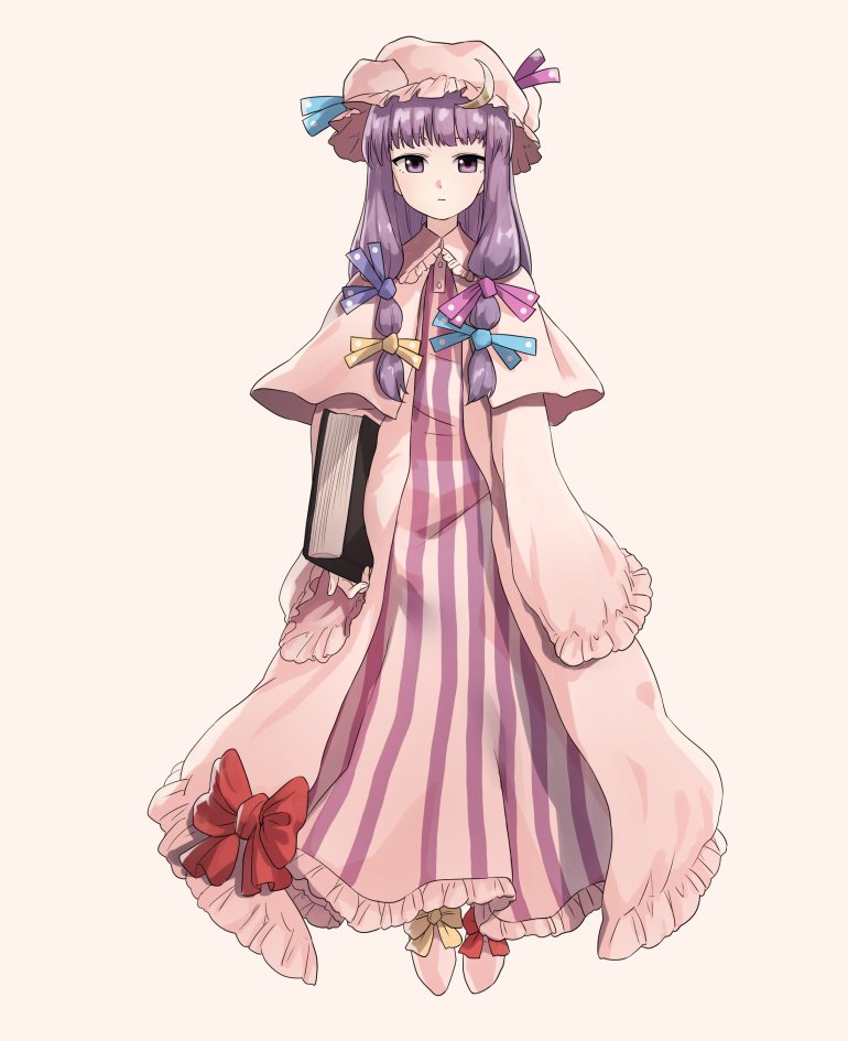 book capelet dress expressionless frilled_dress frills hair_ribbon hat hat_ribbon holding holding_book long_hair mob_cap patchouli_knowledge purple_eyes purple_hair ribbon rion_(glayjirobass) simple_background striped striped_dress the_embodiment_of_scarlet_devil tied_hair touhou