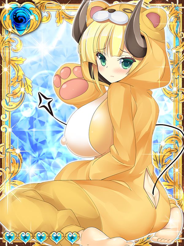 animal_costume ass back_opening blonde_hair breasts erect_nipples green_eyes horns huge_breasts inma_kourin_devil_carnival looking_at_viewer sitting tail