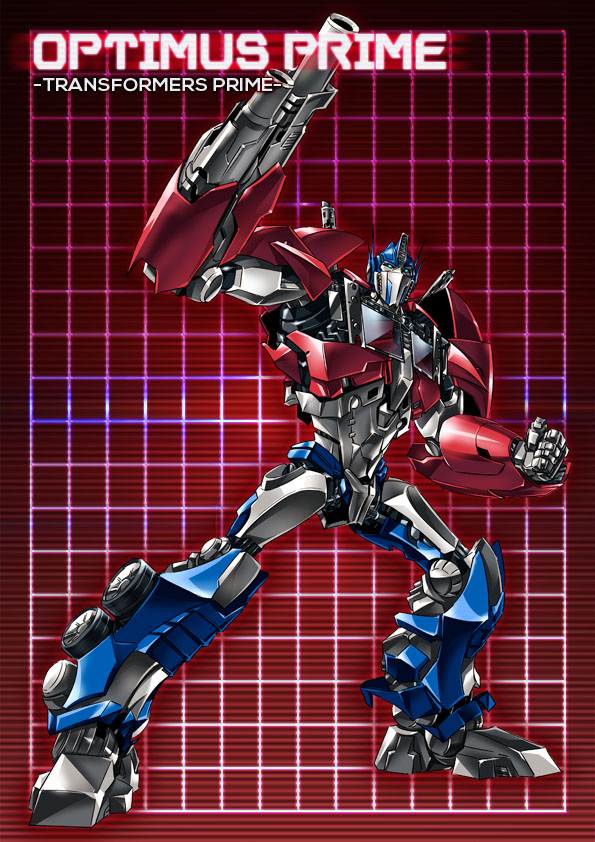 autobot blue_eyes cannon character_name clenched_hand full_body grid grid_background headgear looking_at_viewer machinery mecha no_humans optimus_prime paintedmike red_background solo transformers transformers_prime weapon