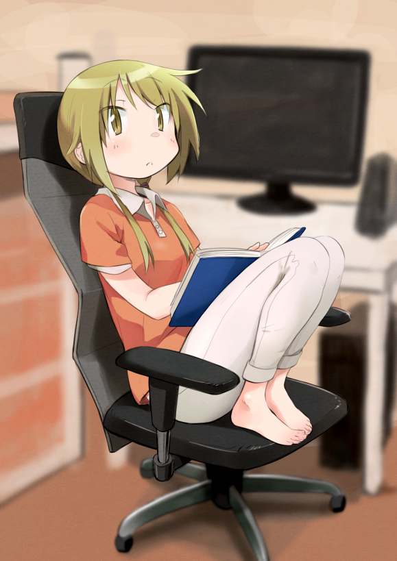 :&lt; barefoot blonde_hair blurry blurry_background blush book chair collarbone computer depth_of_field desk drawer eyebrows_visible_through_hair feet_on_chair holding holding_book ichii_yui legs_folded legs_up long_hair looking_at_viewer monitor office_chair okayparium open_book pants polo_shirt sitting solo yellow_eyes yuyushiki