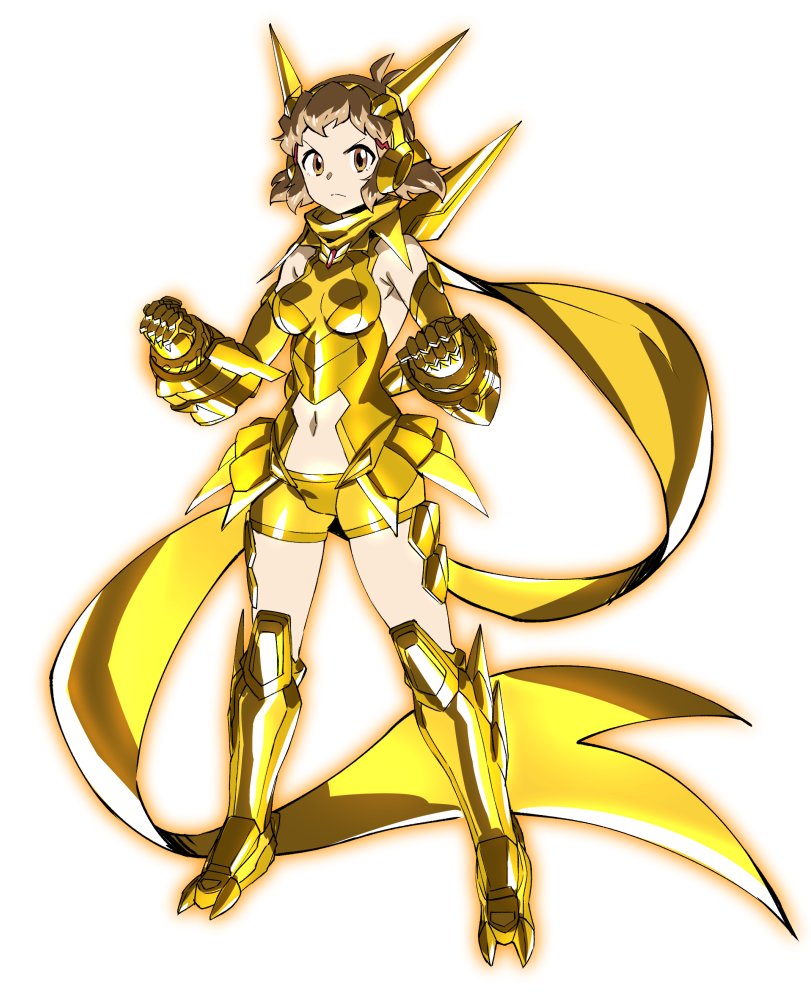 alternate_color armor armored_boots armpit_peek bare_shoulders boots breasts brown_hair clenched_hand clenched_hands commentary_request full_body gauntlets gold_armor hair_ornament hairclip headgear medium_breasts midriff murakami_hisashi orange_eyes scarf senki_zesshou_symphogear serious shiny shiny_clothes short_hair short_shorts shorts tachibana_hibiki_(symphogear) yellow