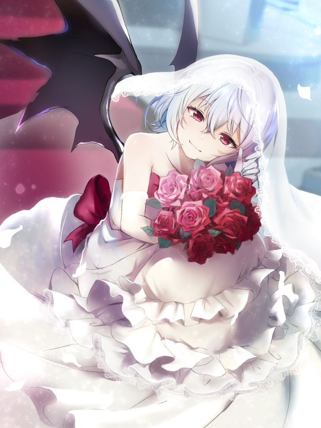 alternate_costume bare_shoulders bat_wings blue_hair bouquet bridal_veil closed_mouth dress elbow_gloves flower gloves hair_between_eyes head_tilt layered_dress looking_at_viewer red_carpet red_eyes red_flower red_rose remilia_scarlet rose short_hair smile solo stairs touhou veil wedding_dress white_dress white_gloves wings yuki_(popopo)