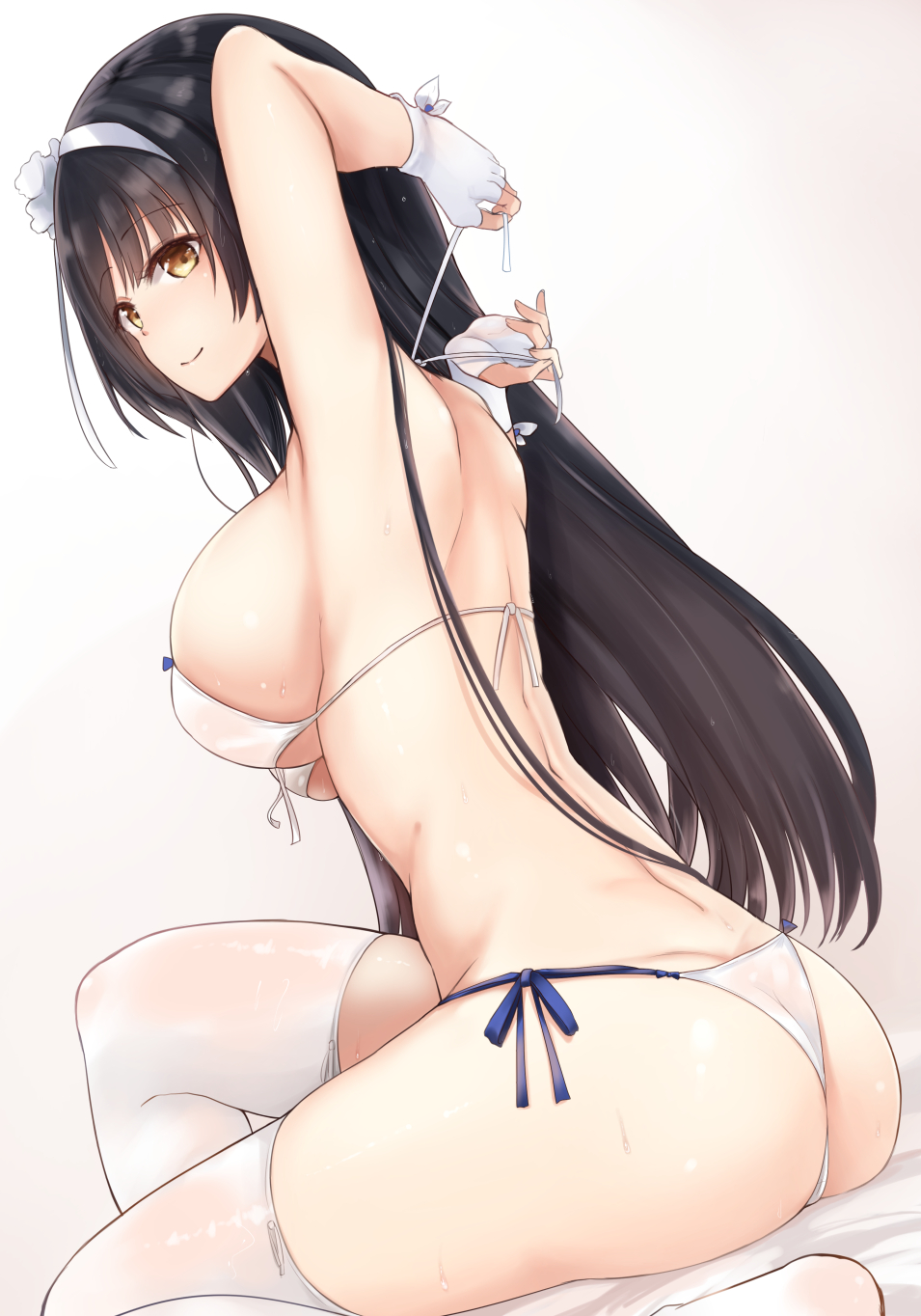 adjusting_clothes adjusting_swimsuit arm_up armpits ass bangs bed_sheet bikini black_hair blush breasts brown_eyes closed_mouth commentary_request dutch_angle eyebrows_visible_through_hair fingerless_gloves from_side girls_frontline gloves hairband highres large_breasts long_hair looking_at_viewer neneru qbz-95_(girls_frontline) revision see-through side-tie_bikini sideboob sidelocks sitting smile solo swimsuit tareme thighhighs thighs underboob white_bikini white_gloves white_legwear yellow_eyes