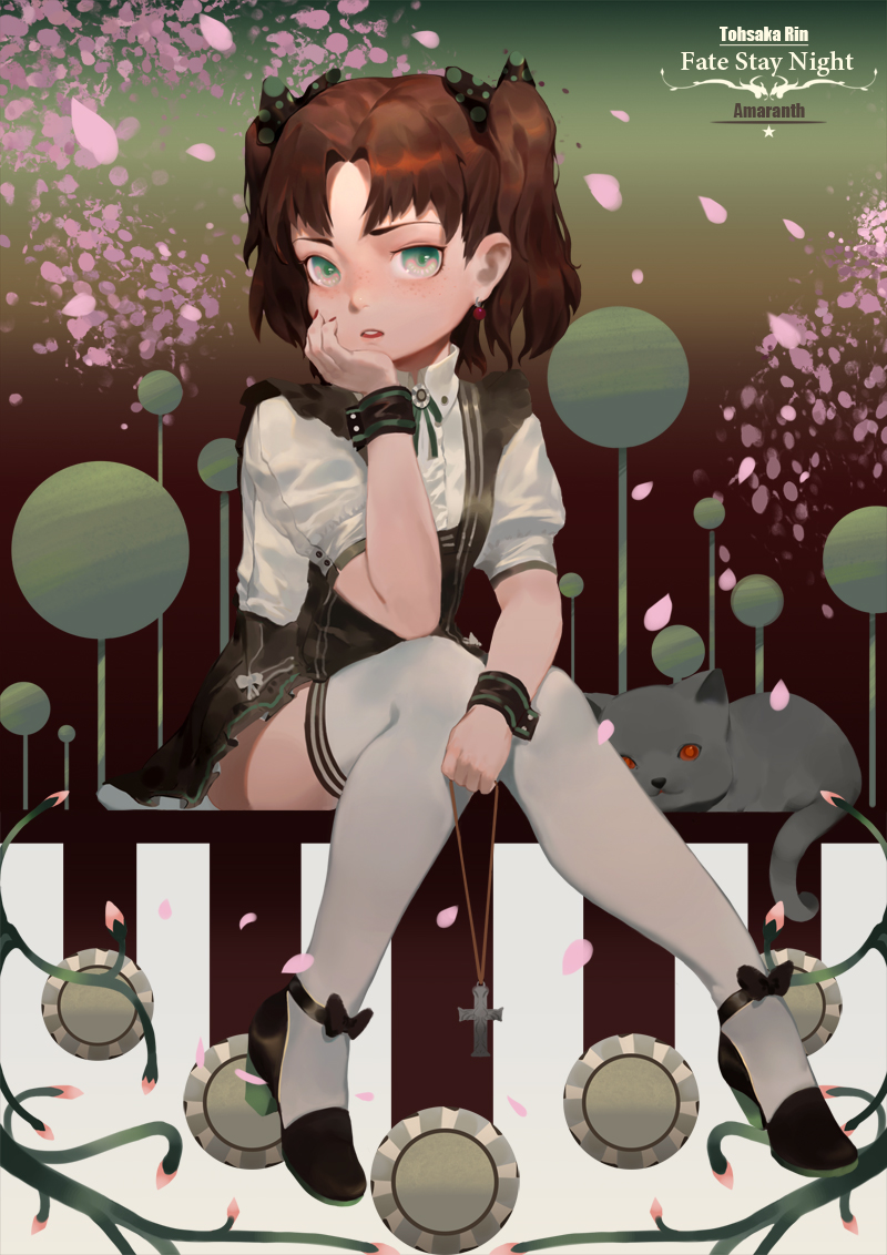 amaranth artist_name black_footwear blush brown_hair cat character_name child chin_rest copyright_name cross dress earrings fate/stay_night fate/zero fate_(series) freckles full_body green_eyes jewelry looking_at_viewer nail_polish petals red_nails shoes short_dress short_hair sitting solo thighhighs toosaka_rin two_side_up white_legwear wrist_cuffs younger