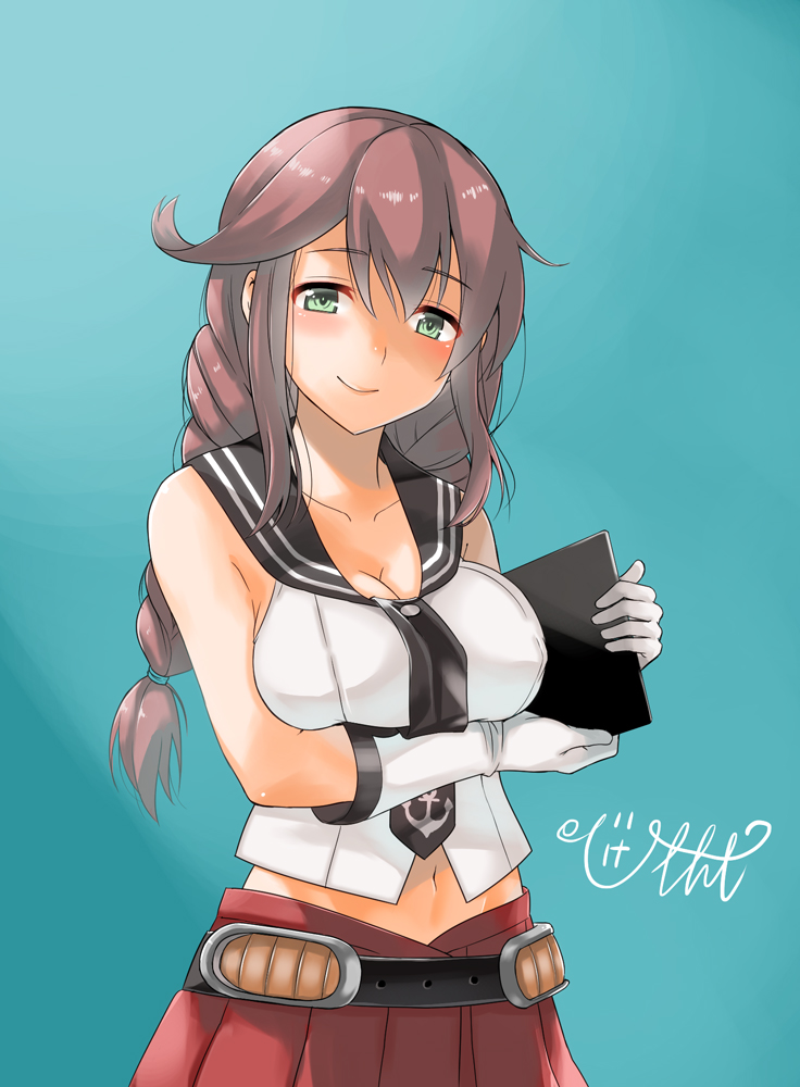 bare_shoulders blue_background blush braid breasts brown_hair cannon cleavage clipboard collarbone commentary_request eyebrows_visible_through_hair eyes_visible_through_hair gloves graphite_(medium) green_eyes hair_between_eyes hige_shinshi kantai_collection large_breasts long_hair looking_at_viewer navel noshiro_(kantai_collection) sidelocks signature skirt smile solo traditional_media twin_braids