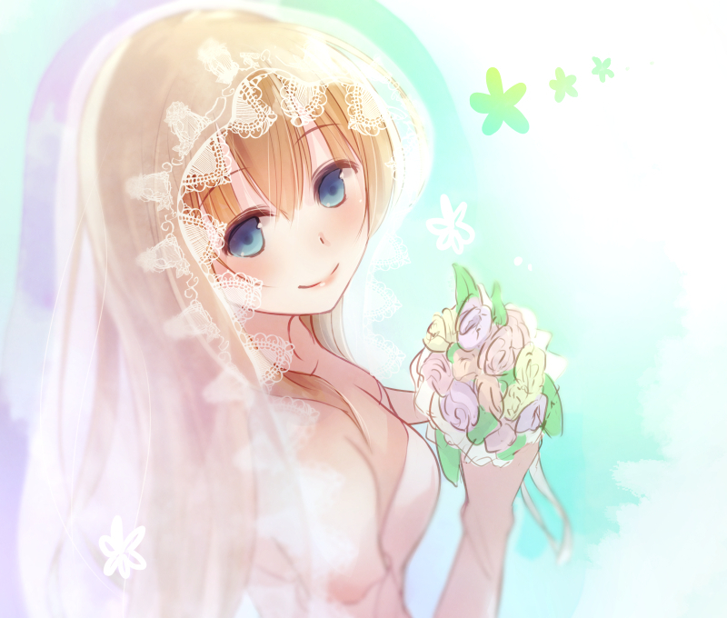 blush bouquet breasts bridal_veil bride closed_mouth collarbone elbow_gloves eyebrows_visible_through_hair flower from_above from_side gloves hair_between_eyes holding holding_bouquet ionasal_kkll_preciel medium_breasts mogupon multicolored multicolored_background sketch smile solo surge_concerto upper_body veil