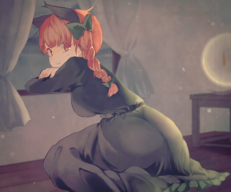 animal_ears bangs banned_artist bow braid breasts brown_eyes cat_ears closed_mouth curtains extra_ears from_side green_bow hair_bow indoors kaenbyou_rin long_hair looking_at_viewer medium_breasts red_hair side_braid solo touhou towako_(10wk0) window