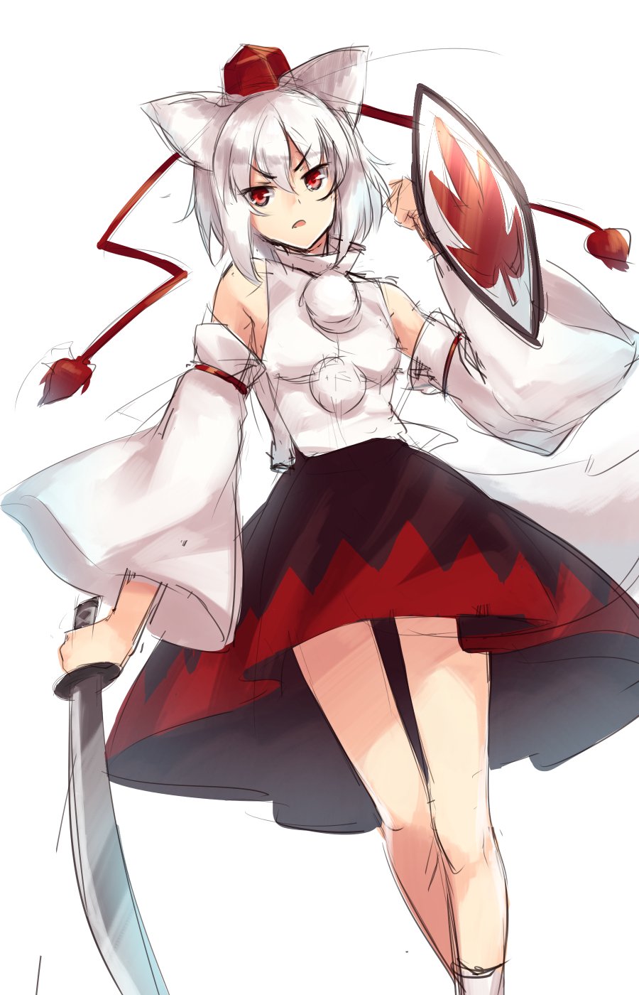 animal_ears bangs detached_sleeves eyebrows_visible_through_hair hair_between_eyes hat highres holding holding_shield holding_sword holding_weapon inubashiri_momiji long_sleeves looking_at_viewer open_mouth pom_pom_(clothes) red_eyes shield short_hair simple_background skirt solo standing sword tail tokin_hat touhou usotsuki_penta weapon white_background white_hair wide_sleeves wolf_ears wolf_tail