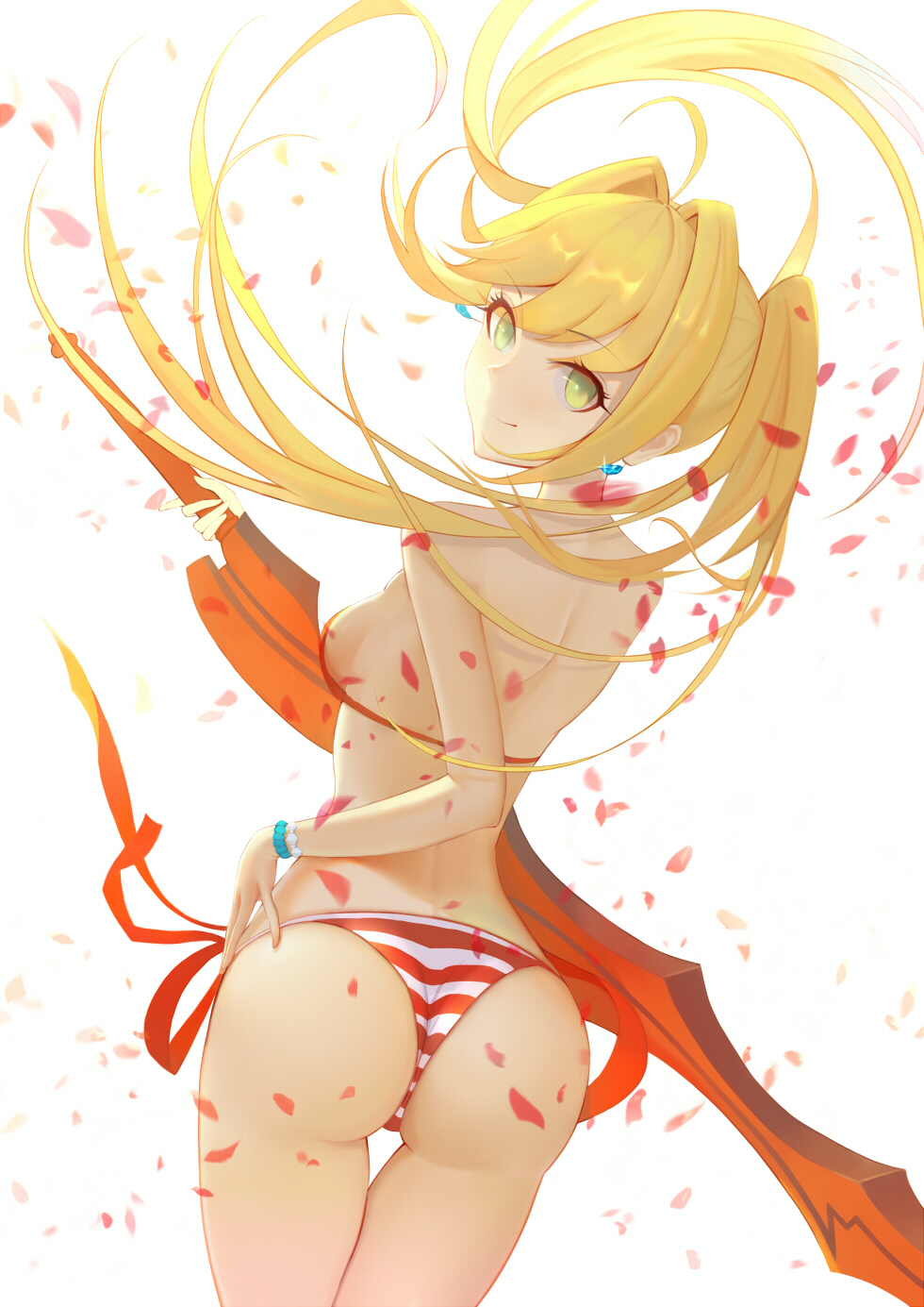 aestus_estus ahoge ass back bikini blonde_hair breasts cowboy_shot earrings fate/grand_order fate_(series) floating_hair from_behind green_eyes hair_intakes halterneck highres holding holding_sword holding_weapon jewelry kamikakushi_no_ocarino long_hair looking_at_viewer looking_back medium_breasts nero_claudius_(fate)_(all) nero_claudius_(swimsuit_caster)_(fate) petals revision side-tie_bikini sideboob smile solo striped striped_bikini swimsuit sword thigh_gap thong twintails very_long_hair weapon