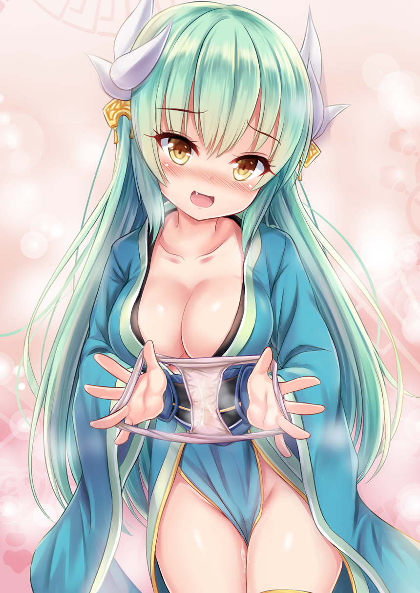 aqua_hair bangs blush breasts cat's_cradle cleavage commentary_request cowboy_shot eyebrows_visible_through_hair fang fate/grand_order fate_(series) highres japanese_clothes kimono kiyohime_(fate/grand_order) long_hair looking_at_viewer medium_breasts open_mouth panties panties_removed pussy_juice shimokirin solo underwear yellow_eyes