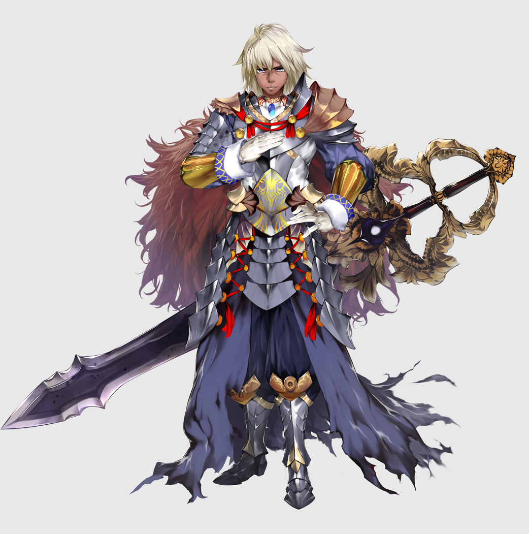 armor boots cape dark_skin dark_skinned_male fantasy full_body gem gloves greaves grey_background hand_on_hip hand_up looking_at_viewer ma-sa male_focus original solo standing sword tan weapon white_gloves white_hair