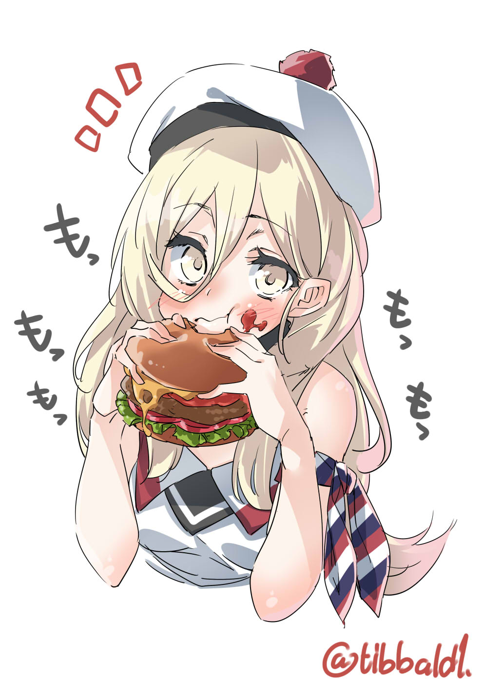 armband beret blonde_hair blush dress eating ebifurya food food_on_face hamburger hat highres holding holding_food kantai_collection long_hair looking_at_viewer pom_pom_(clothes) richelieu_(kantai_collection) simple_background sleeveless solo strapless strapless_dress translated twitter_username white_background yellow_eyes