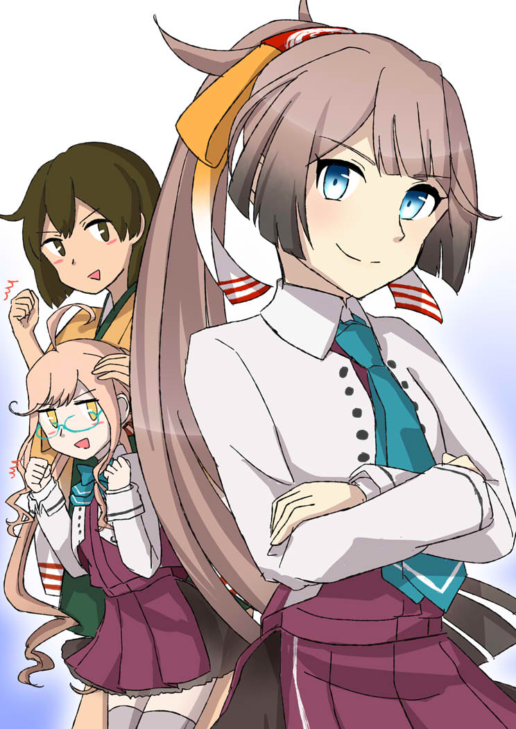 3girls ahoge blazer blue_eyes blue_neckwear bow bowtie brown_hair clenched_hands closed_mouth commentary_request cowboy_shot crossed_arms double_bun dress glasses gradient gradient_background grey_legwear hair_ribbon hand_on_another's_head hiryuu_(kantai_collection) iwana jacket japanese_clothes kantai_collection kazagumo_(kantai_collection) long_hair long_sleeves makigumo_(kantai_collection) multiple_girls necktie open_mouth pink_hair pleated_dress ponytail remodel_(kantai_collection) ribbon school_uniform shirt short_hair sleeveless sleeveless_dress solo_focus standing tan thighhighs twintails white_jacket white_shirt yellow_eyes