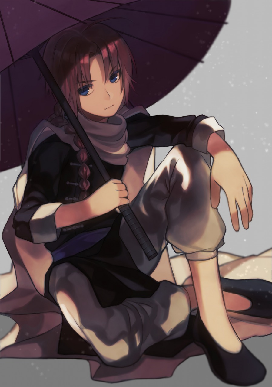 black_footwear black_shirt blue_eyes braid chinese_clothes gintama grey_pants highres holding holding_umbrella kamui_(gintama) long_hair looking_away male_focus oriental_umbrella pants purple_umbrella red_hair scarf shirt shoes side_braid single_braid sitting solo umbrella white_scarf yasiromann