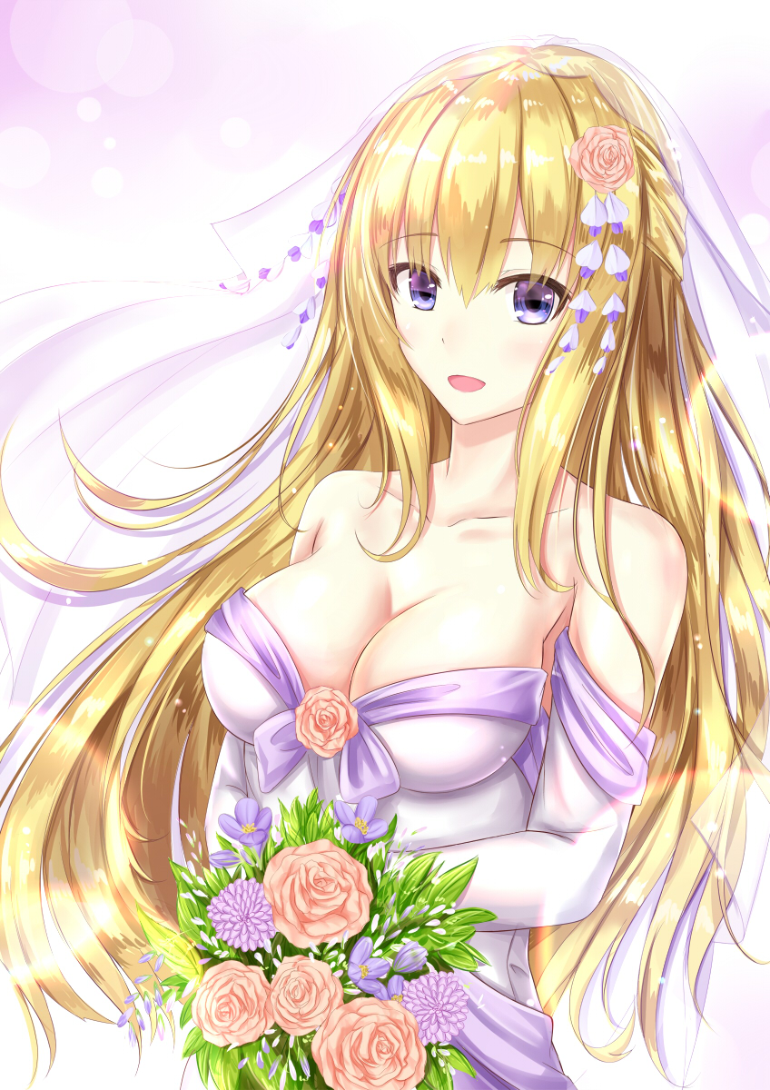 bare_shoulders blonde_hair blue_eyes bouquet breasts bridal_veil bride dress elbow_gloves flower formal gloves highres large_breasts long_hair looking_at_viewer muwa12 neptune_(series) smile solo strapless strapless_dress veil vert wedding wedding_dress white_dress white_gloves