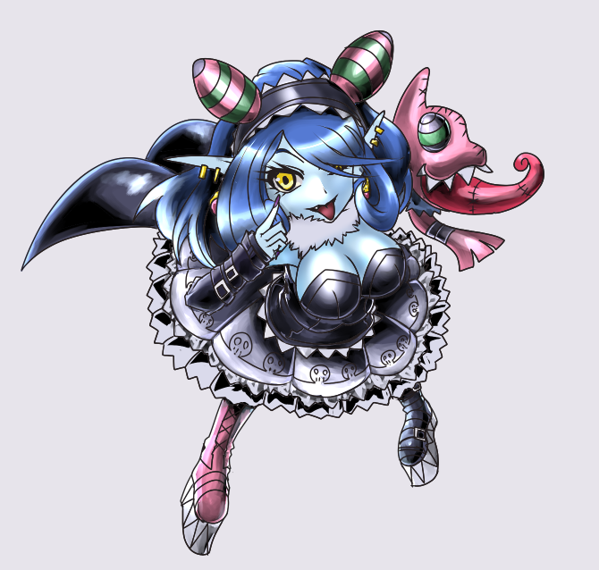 1girl :p appmon artist_request bandai blue_hair blue_skin breasts demon_girl digimon digimon_universe:_appli_monsters dress fangs female gothic_lolita hair_over_one_eye large_breasts lolita_fashion long_hair mienumon monster_girl pointy_ears puppet smile solo succubus tongue_out yellow_eyes