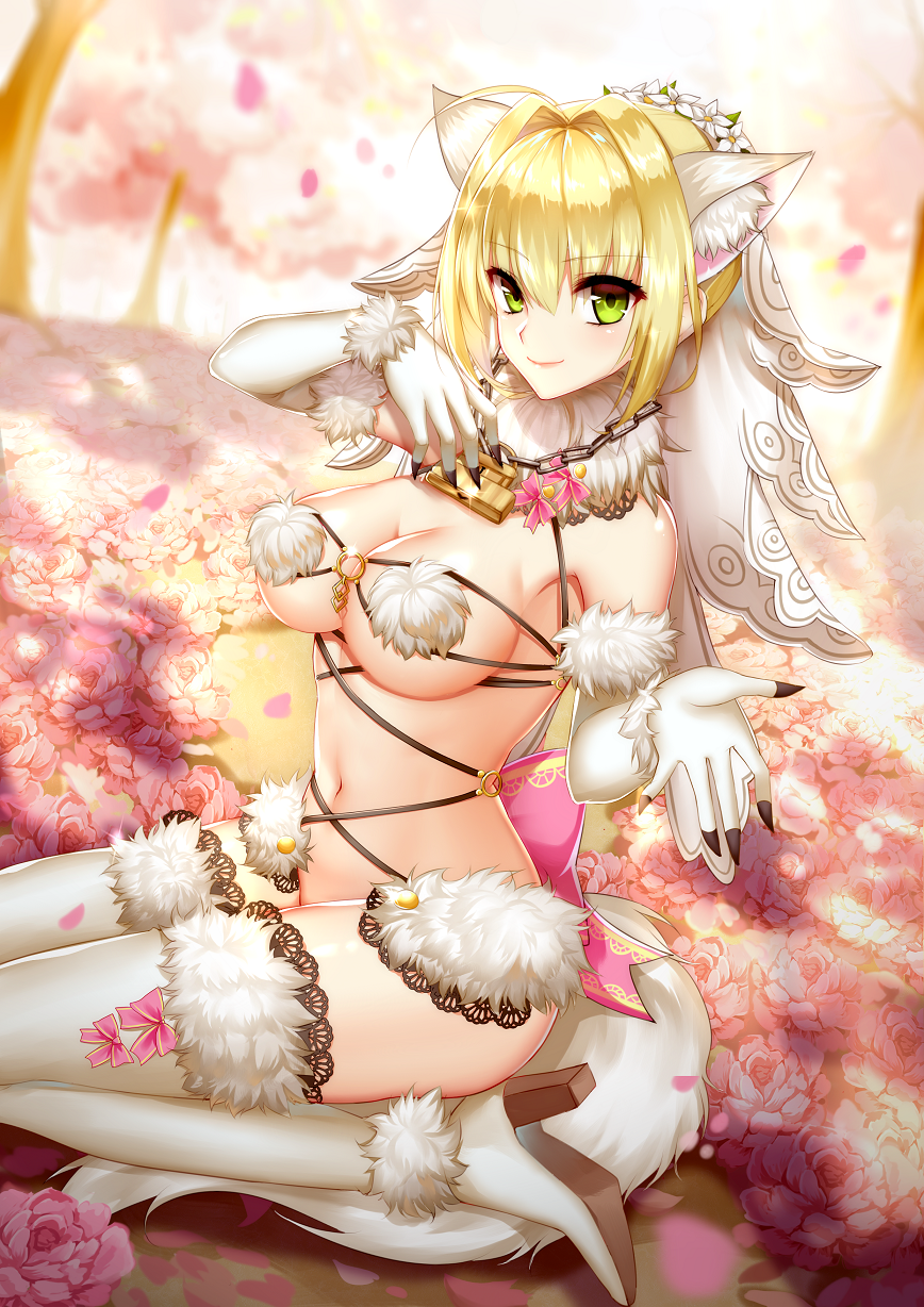 alternate_color animal_ears arm_up bangs blonde_hair blurry boots breasts bridal_veil chain commentary cosplay dangerous_beast day depth_of_field eyebrows_visible_through_hair fate/extra fate/extra_ccc fate/grand_order fate_(series) fur_trim hair_between_eyes hair_intakes hand_up highres lace lace-trimmed_thighhighs lock mallizmora mash_kyrielight mash_kyrielight_(cosplay) medium_breasts nero_claudius_(bride)_(fate) nero_claudius_(fate)_(all) outdoors seiza sidelocks sitting solo tail thigh_boots thighhighs tsurime veil white_legwear wolf_ears wolf_tail