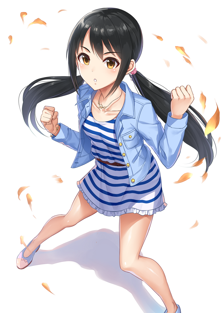:o arms_at_sides bangs bare_legs belt black_hair blue_jacket blush bracelet buttons clenched_hands collarbone commentary_request denim denim_jacket dress fighting_stance foreshortening frilled_dress frills from_above idolmaster idolmaster_cinderella_girls jacket jewelry legs_apart light_blush long_hair long_sleeves looking_at_viewer looking_up low_twintails nakano_yuka necklace no_socks open_clothes open_jacket parted_lips pendant petals shiny shiny_skin shoes simple_background solo standing striped striped_dress tareme twintails unbuttoned white_background yellow_eyes yuuhi_(ages)