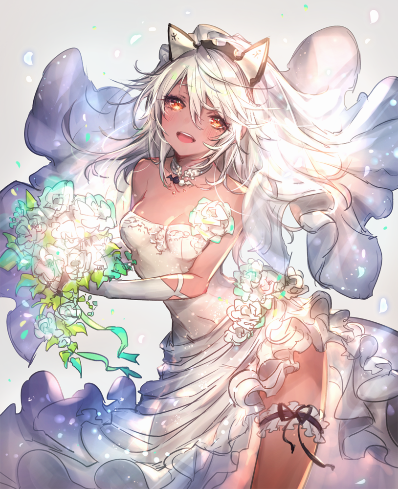 bare_shoulders blush bouquet breasts bridal_veil bride cleavage dark_skin dress elbow_gloves flower formal gloves guilty_gear guilty_gear_xrd long_hair looking_at_viewer medium_breasts open_mouth oro_(sumakaita) ramlethal_valentine short_hair smile solo veil wedding_dress white_dress white_gloves white_hair