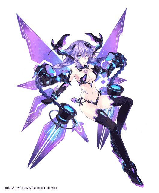 blue_eyes braid breasts cleavage hair_ornament long_hair looking_at_viewer medium_breasts micro_bra nepnep_connect:_chaos_chanpuru neptune_(series) purple_hair purple_heart purple_heart_(chaos_form) symbol-shaped_pupils tsunako twin_braids very_long_hair