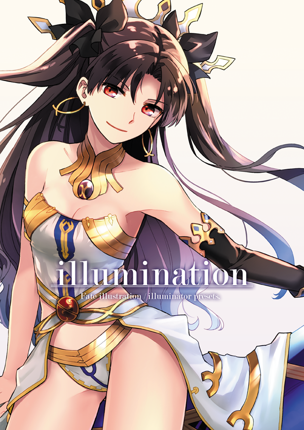 asymmetrical_gloves black_gloves black_hair black_ribbon breasts choker cleavage copyright_name earrings elbow_gloves fate/grand_order fate_(series) floating_hair gloves hair_ribbon ishtar_(fate/grand_order) jewelry long_hair looking_at_viewer medium_breasts niu_illuminator panties red_eyes ribbon simple_background smile solo strapless twintails underwear very_long_hair white_background