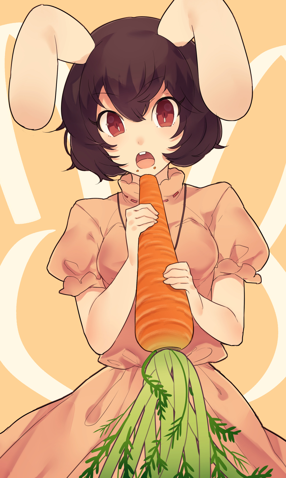 animal_ears black_hair breasts buck_teeth bunny_ears carrot dress food food_on_face highres holding holding_food inaba_tewi looking_at_viewer medium_breasts open_mouth oversized_object pink_dress puffy_short_sleeves puffy_sleeves red_eyes short_hair short_sleeves solo touhou upper_body yuusei_tsukiro