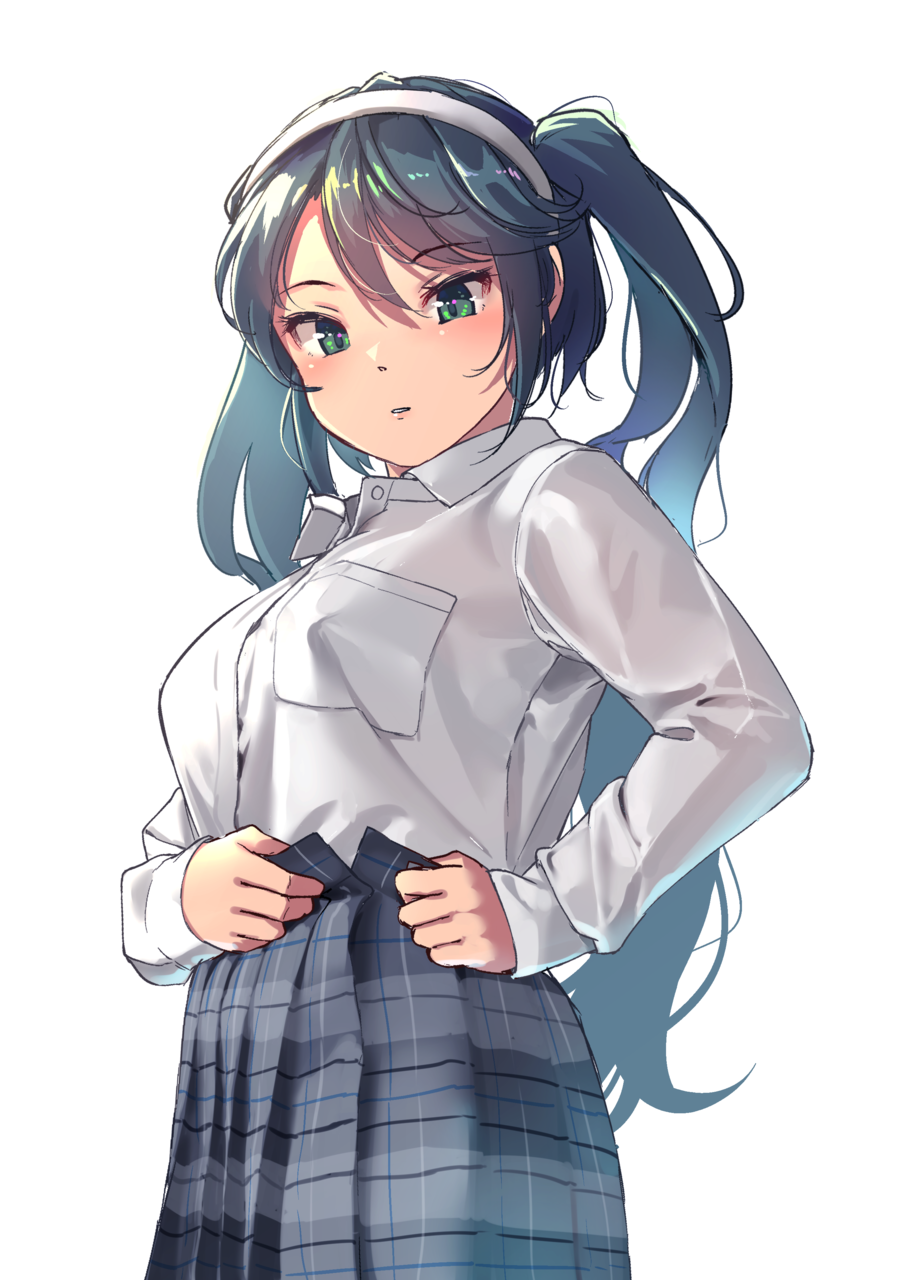 bad_id bad_pawoo_id blue_hair bra breasts dress_shirt dressing eyebrows_visible_through_hair from_below green_eyes hairband highres isuzu_(kantai_collection) kantai_collection long_hair long_sleeves looking_at_viewer medium_breasts open_fly parted_lips plaid plaid_skirt pleated_skirt satsuki_neko see-through shirt simple_background skirt sleeves_past_wrists solo twintails underwear white_background